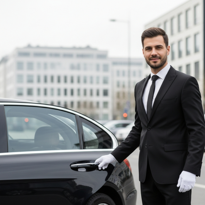 chauffeur in uniform holding a car door open