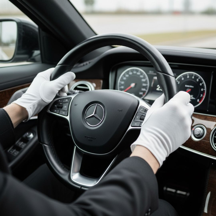 A professional chauffeur's gloved hands rest confidently on the steering wheel, signifying safety and control.