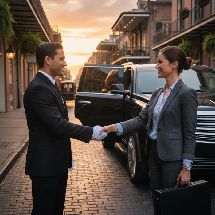 A uniformed chauffeur shakes hands with a business traveler while standing next to a clean black luxury sedan.