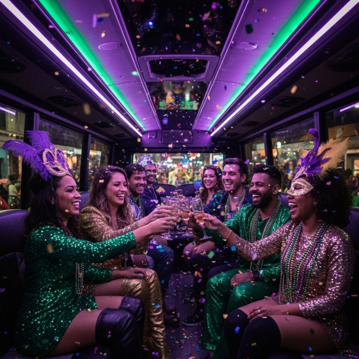 friends celebrating Mardi Gras in a limo