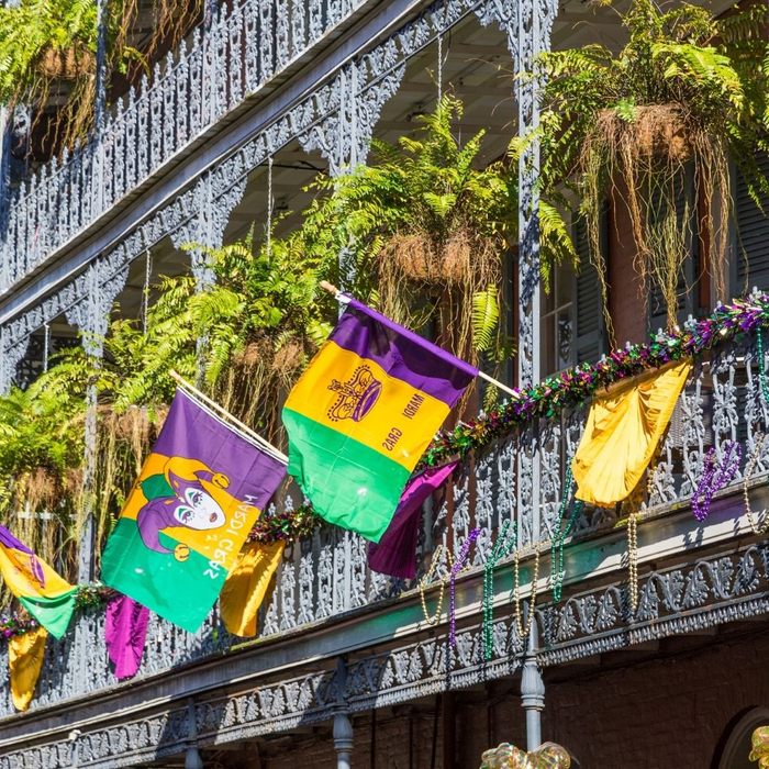 Mardi Gras flags on a building