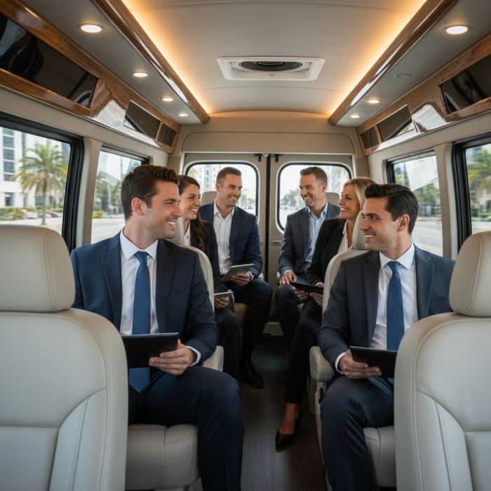business people in a sprinter van