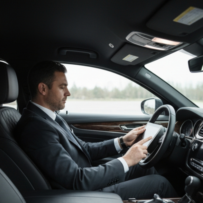 Executive working calmly on a tablet inside a luxury car.