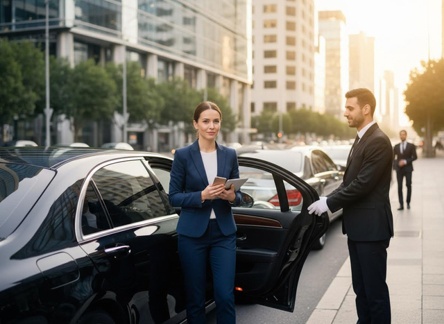 Executive woman with chauffeur and luxury car