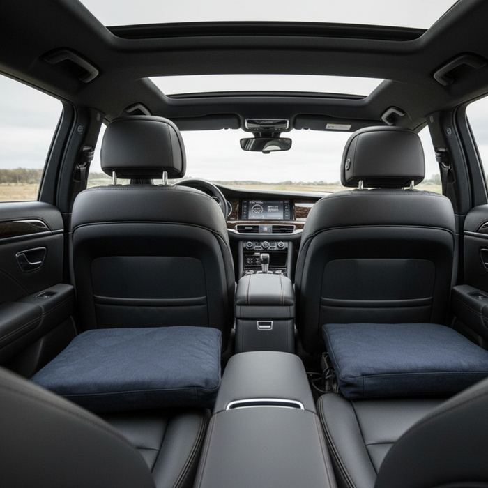 The spacious and comfortable interior of a luxury car's back seats is shown from a rear perspective
