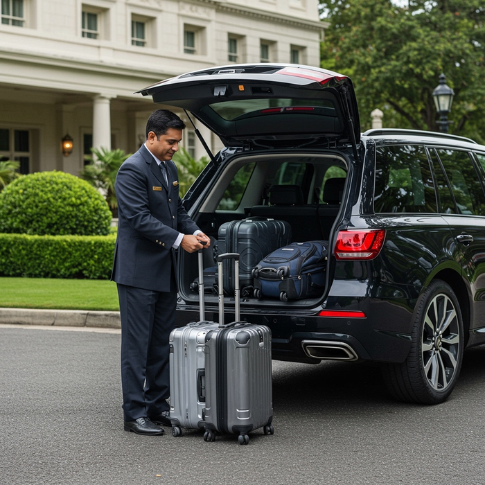 A chauffeur loading luggage into the trunk of an SUV.