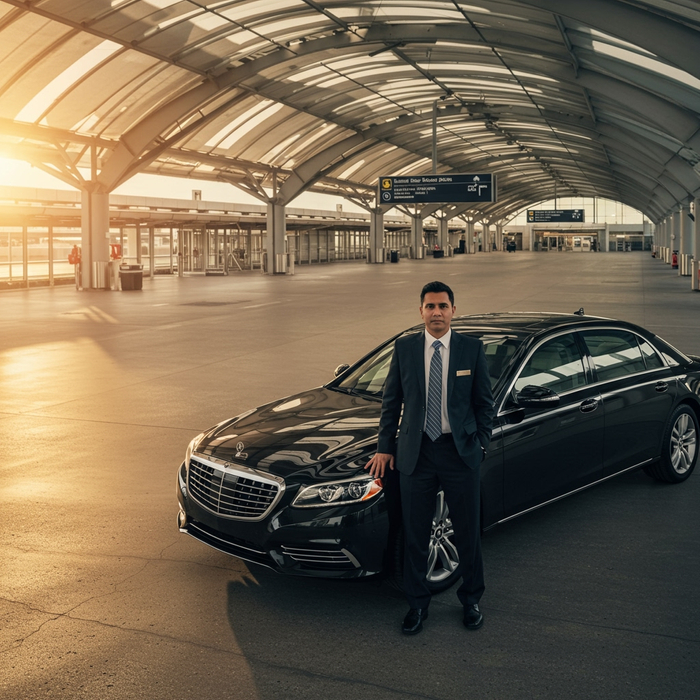 A chauffeur standing by a luxury sedan at airport arrivals.