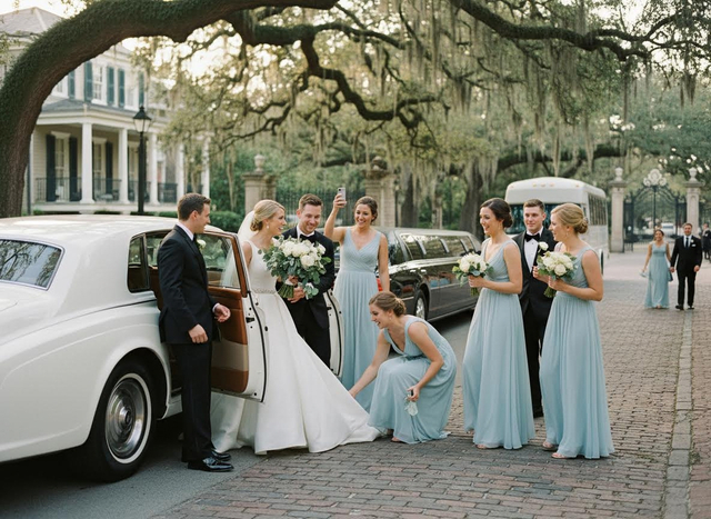 A smiling wedding party, including the bride and groom, gather around a white vintage car on a cobblestone street under oak trees. Joyful Wedding Party Arrival