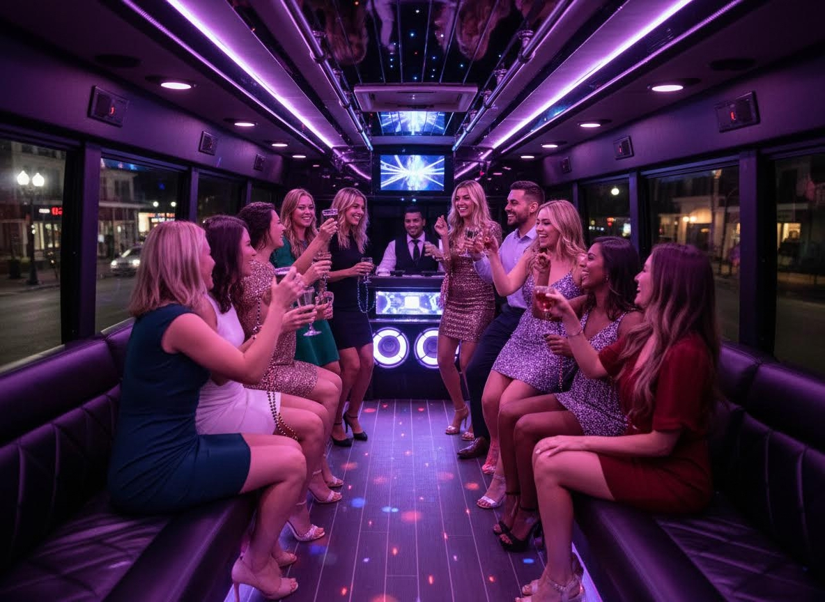 Friends Celebrating in a Luxury Party Bus