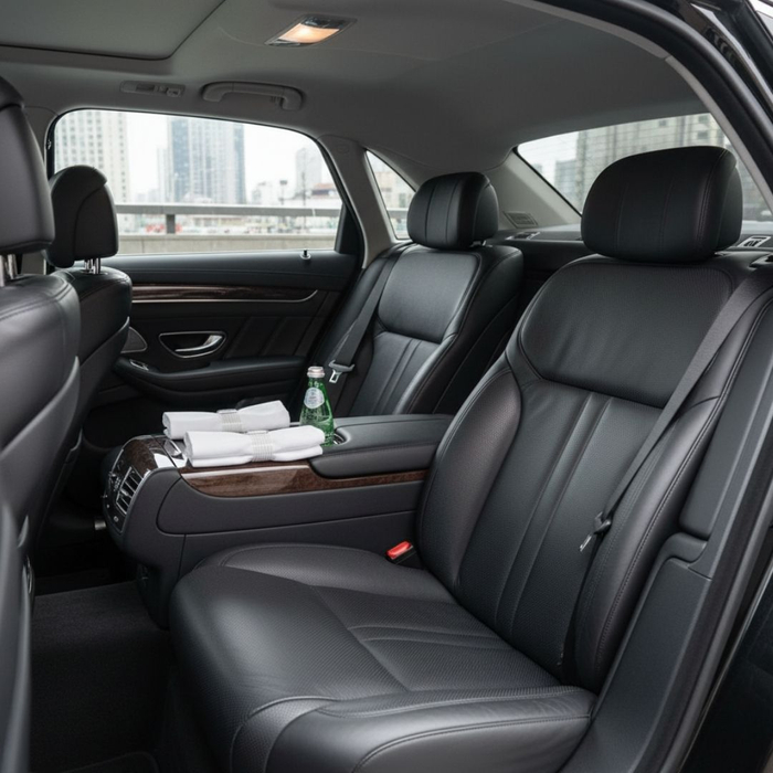 The inviting and comfortable plush leather back seats of a luxury executive car.