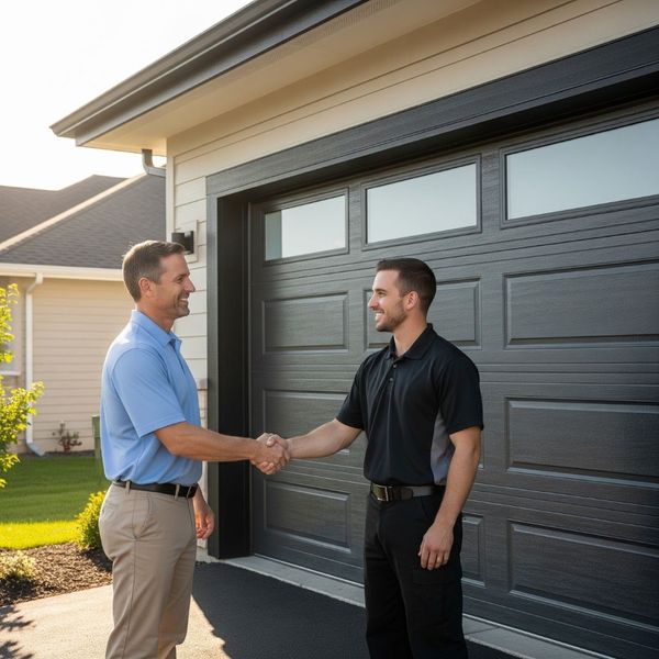 man shaking repairmans hand in front of new garage door