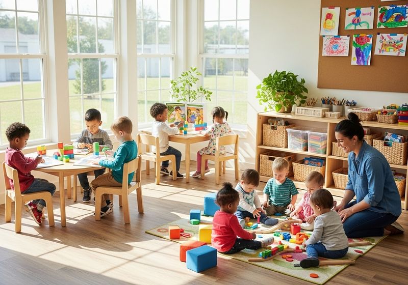 A bright, spacious childcare center room is filled with natural light, wooden furniture, and children engaged in various activities.