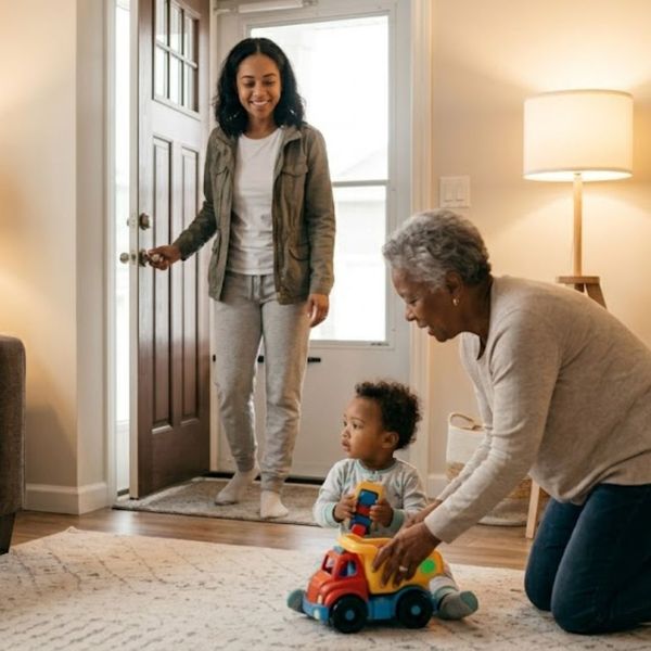 parent practicing leaving child with caregiver at home 