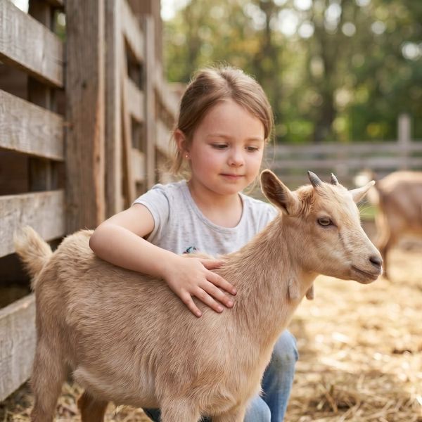 a child with a baby goat