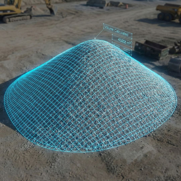 3D wireframe mesh overlay on a gravel stockpile demonstrating volumetric calculations.