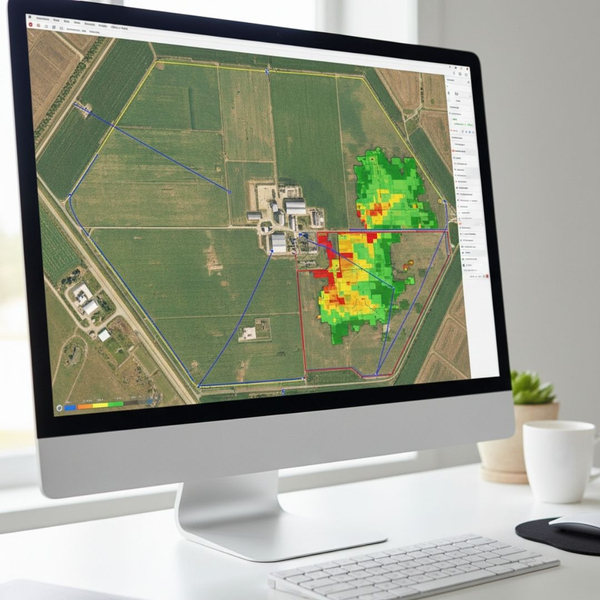 A detailed orthomosaic map of a farm displayed on a computer screen, highlighting efficient scouting paths.