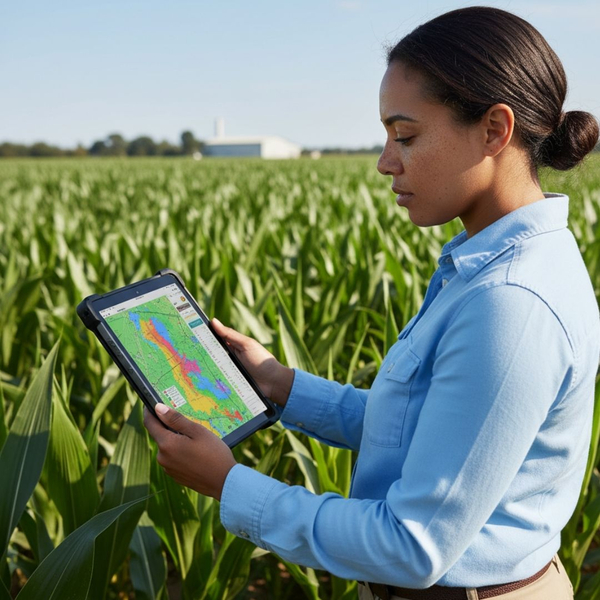 An agronomist analyzing a digital crop yield map on a tablet while standing in a cornfield.