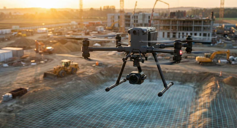 Professional survey drone mapping a construction site with digital grid overlay representing orthomosaic data. Professional survey drone mapping a construction site with digital grid overlay representing orthomosaic data.