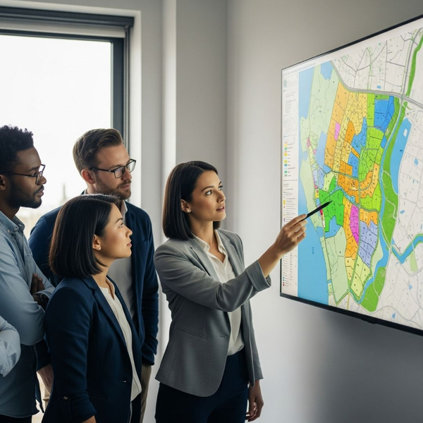 employees pointing to map of lots