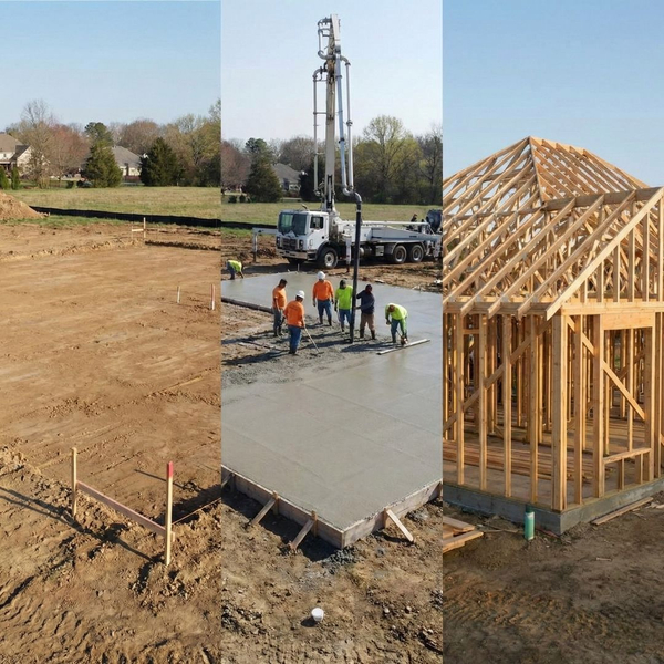 Visual timeline of a construction project showing progress from foundation to framing.
