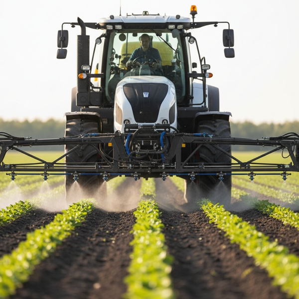 A modern irrigation system precisely watering a field, symbolizing optimized resource use.