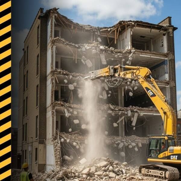 large building being demolished with the use of heavy equipment large building being demolished with the use of heavy equipment