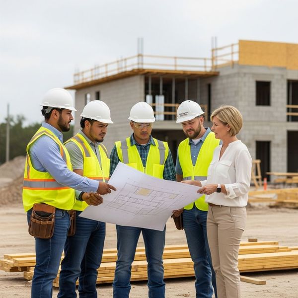 team discussing plans with a client 