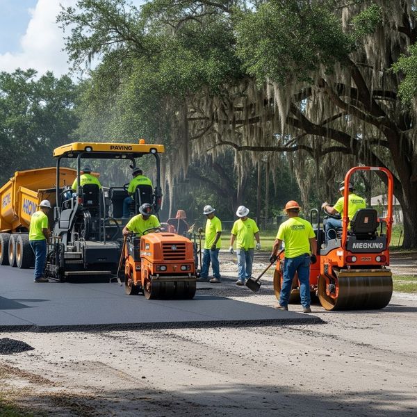 professional paving crew working 