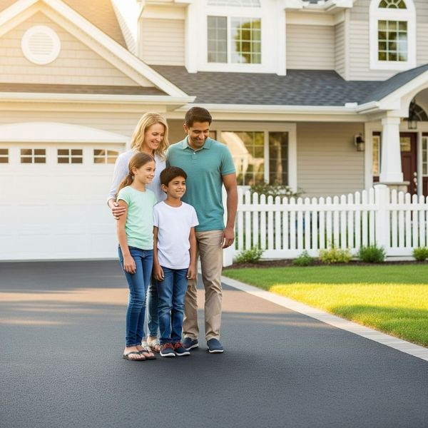 smiling family standing on their new driveway