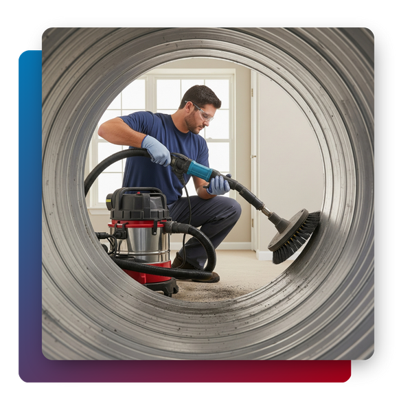 Technician cleaning a residential air duct with a brush