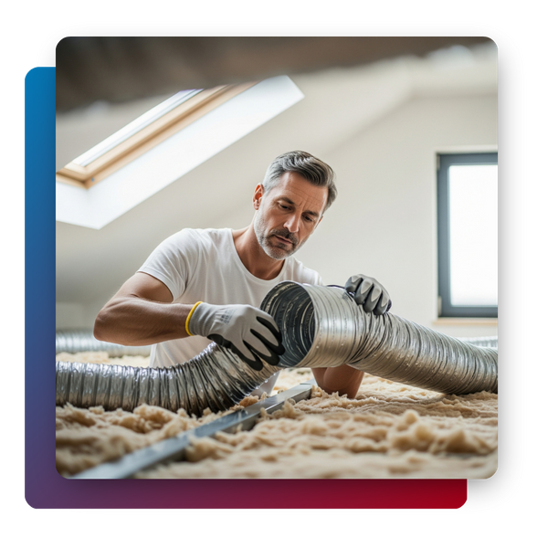 Technician installing new residential air ducts in an attic Technician installing new residential air ducts in an attic