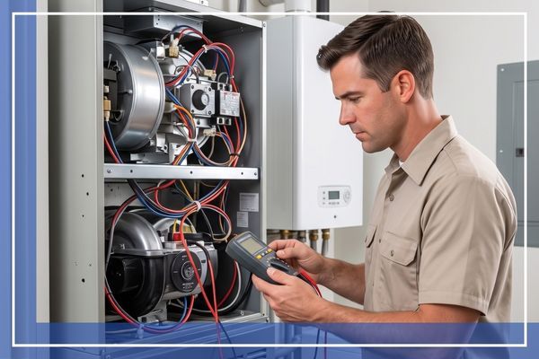 A Carolina Cooling and Heating technician performing a detailed inspection of an indoor furnace unit in Pawleys Island, SC.
