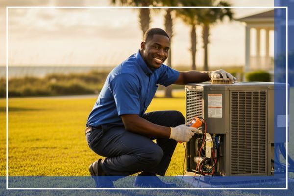 A smiling male HVAC technician in a blue uniform with the Carolina Cooling and Heating logo, performing a maintenance check on an outdoor AC unit. The background features a well-maintained lawn, palm trees, a modern house, and a beach at sunset in Myrtle B