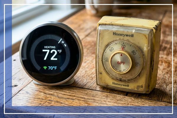 Comparing a new digital thermostat with an old analog dial model.