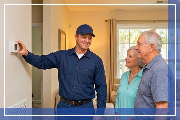 HVAC repair tech talking to two homeowners