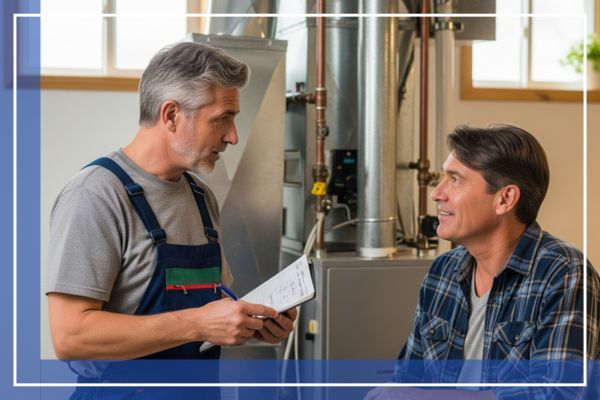 furnace technician talking to a homeowner about their system furnace technician talking to a homeowner about their system