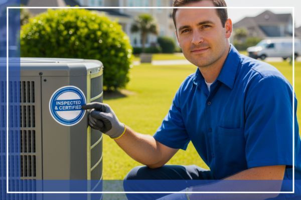 male HVAC technician, wearing a Carolina Cooling and Heating uniform, points to an "Inspected & Certified" sticker with "July 2024" on the side of an outdoor AC unit. He looks towards the camera with a confident expression, with a suburban home and green l