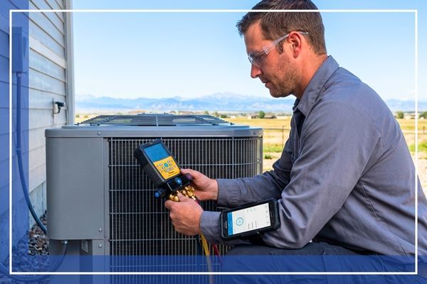 Technician repairing an outdoor air conditioning unit.