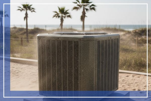 sand blowing around an AC unit in a coastal setting