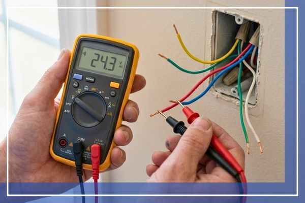 Testing electrical wires for a wall climate control device.