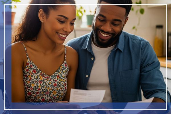 happy couple looking at a low bill after getting a new furnace