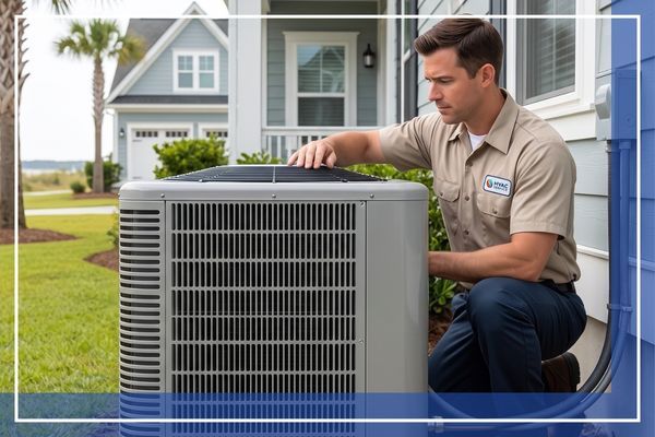 A technician with Carolina Cooling and Heating performing a professional installation of a new AC unit.