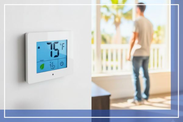 A modern digital thermostat on a white wall displaying 75°F with an energy-saving leaf icon. In the blurred background, a per