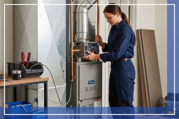 technician installing a new furnace in a home