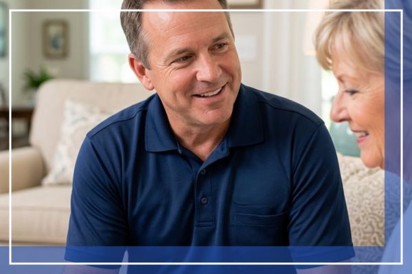 A friendly Carolina Cooling and Heating technician, wearing a branded polo, reviewing service paperwork with a senior homeowner in a well-lit living room, highlighting personalized HVAC service.
