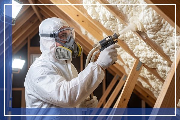 A professional installer in full protective gear applying spray foam insulation in a residential attic.