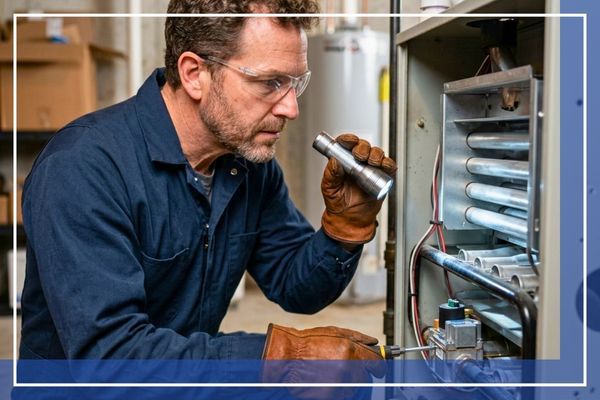 Technician inspecting a home furnace with a flashlight