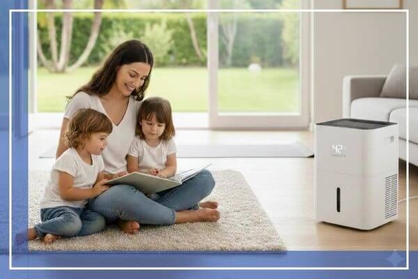 family comfortably in home with dehumidifier 