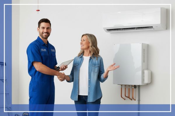 HVAC tech shaking hands with home owner HVAC tech shaking hands with home owner