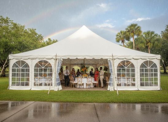 Guests socialize inside a white event tent, adorned with string lights, while a rainbow arcs across the sky during a light rain shower. Outdoor White Event Tent with Guests and Rainbow in Rain